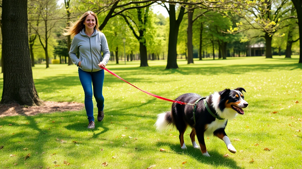 Person walking energetic border collie in a scenic park with trees, both looking happy and engaged during exercise time