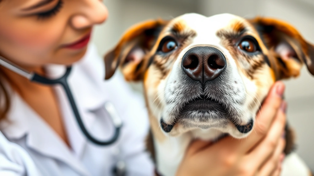 Close-up of veterinarian checking a dog's health during examination, stethoscope visible, calm professional medical environment