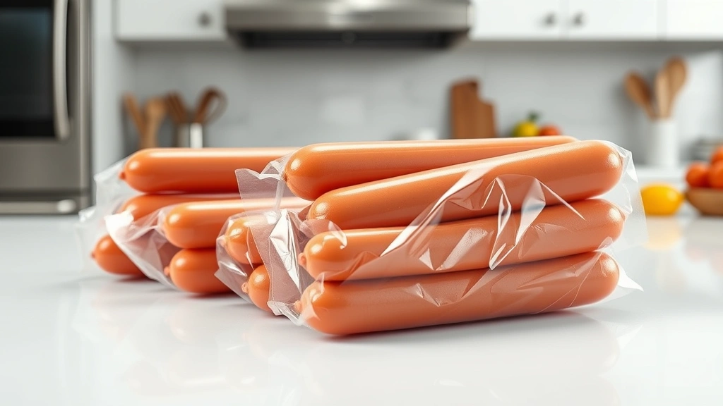 Photorealistic raw hot dogs in clear plastic vacuum-sealed packaging on white countertop with professional kitchen background, natural lighting
