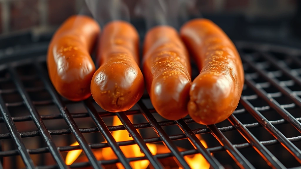 Photorealistic hot dogs cooking on metal grill grates with flame underneath, steam rising, golden-brown exterior, close-up food photography