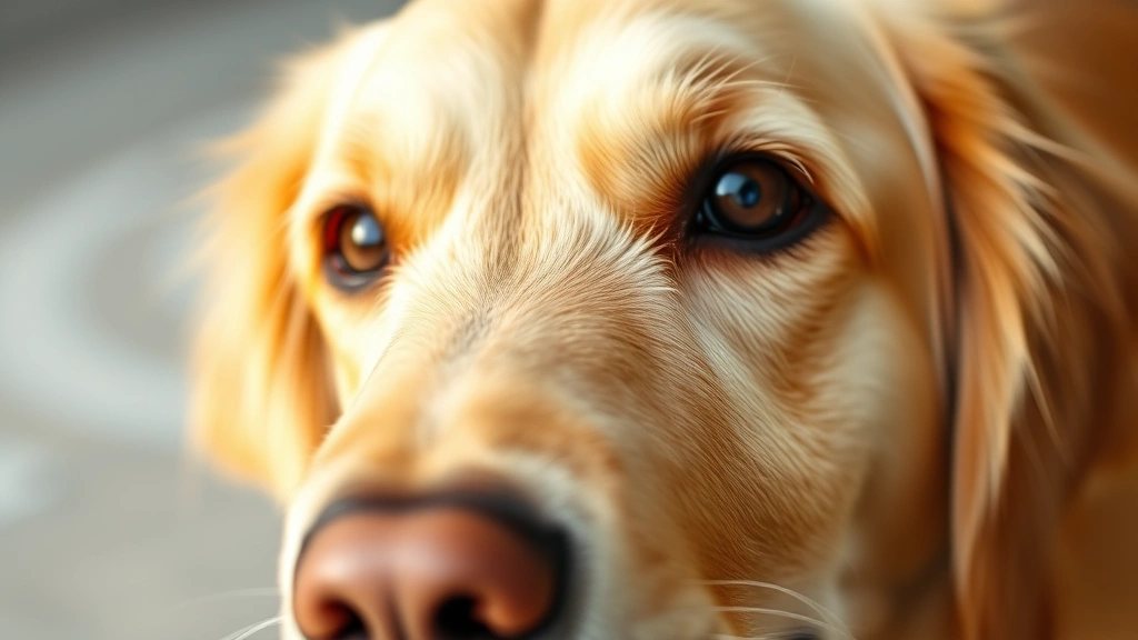 Close-up of a golden retriever's face showing natural eye boogers in the morning, soft natural lighting, warm and gentle expression