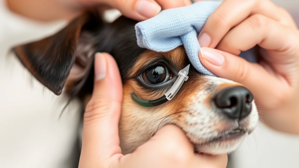 Hands gently cleaning a small dog's eye area with a soft cloth and warm water, showing proper technique and careful touch