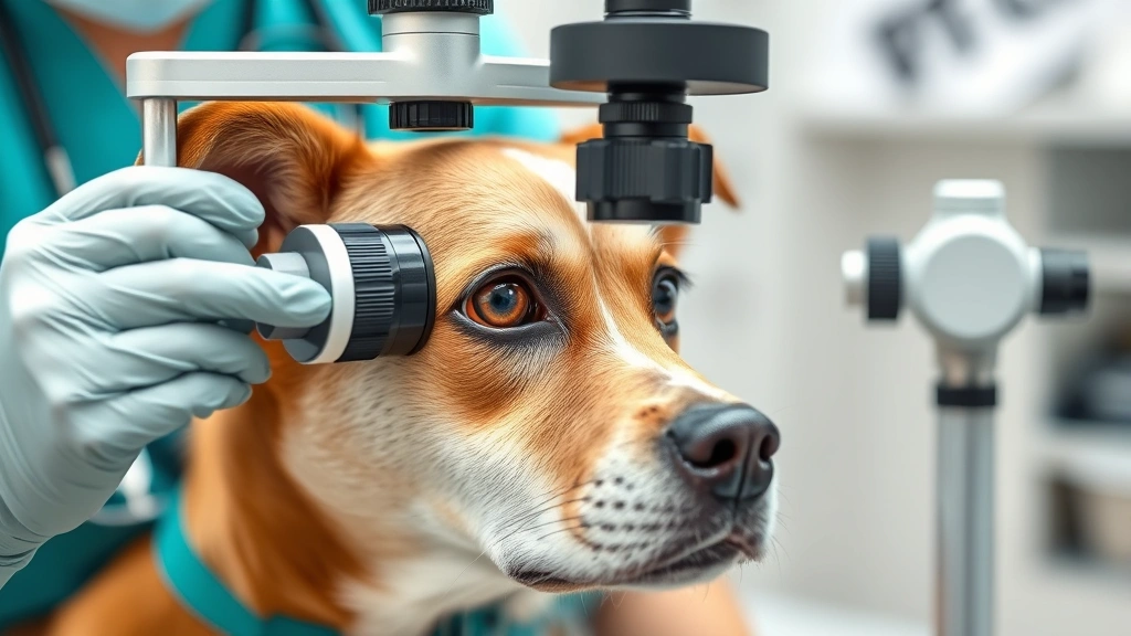 Veterinarian examining a dog's eye with professional equipment, checking for health issues, clinical but friendly setting