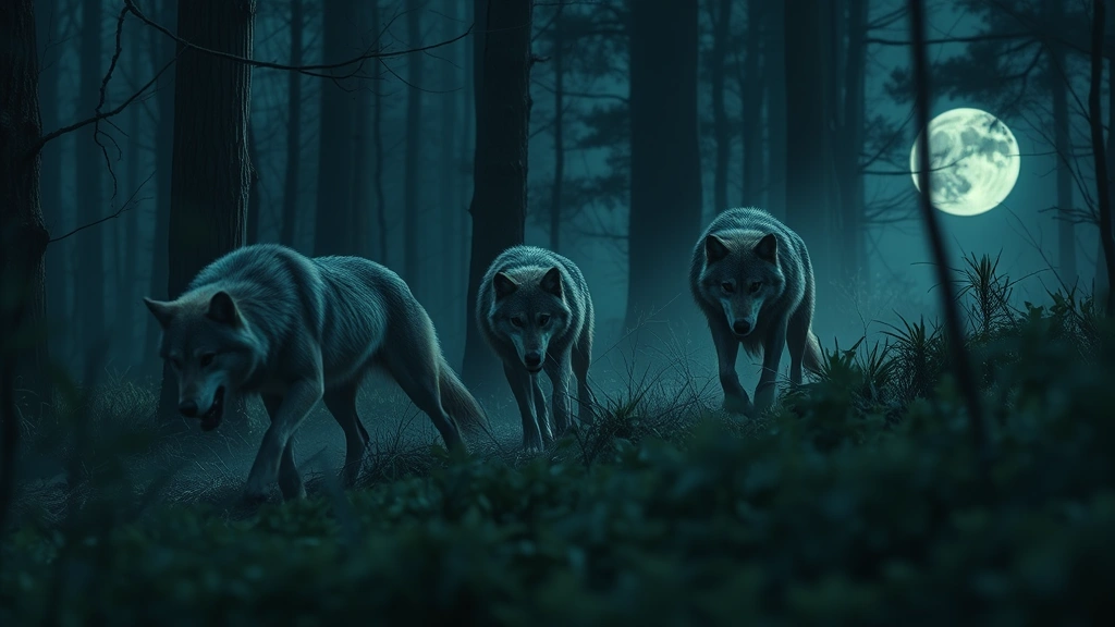 Pack of three werewolves hunting through dense forest undergrowth, coordinated tactical movement, predatory focus, moonlit shadows and mist