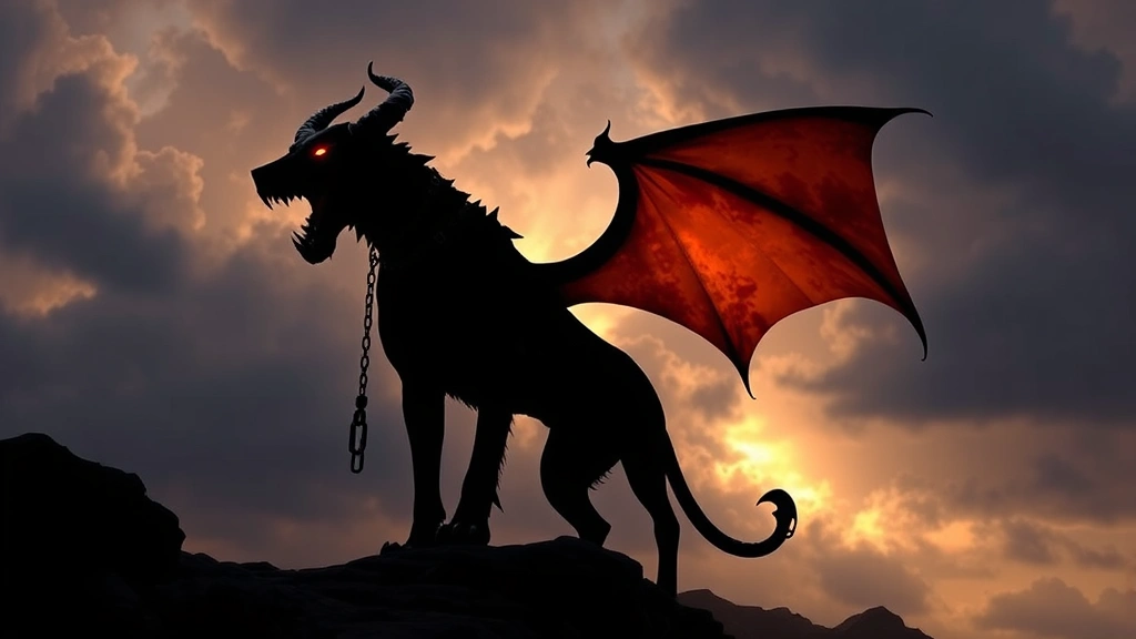 Massive hellhound silhouette against stormy sky, glowing demonic aura, chained stance, mythological otherworldly presence, dark atmospheric backdrop