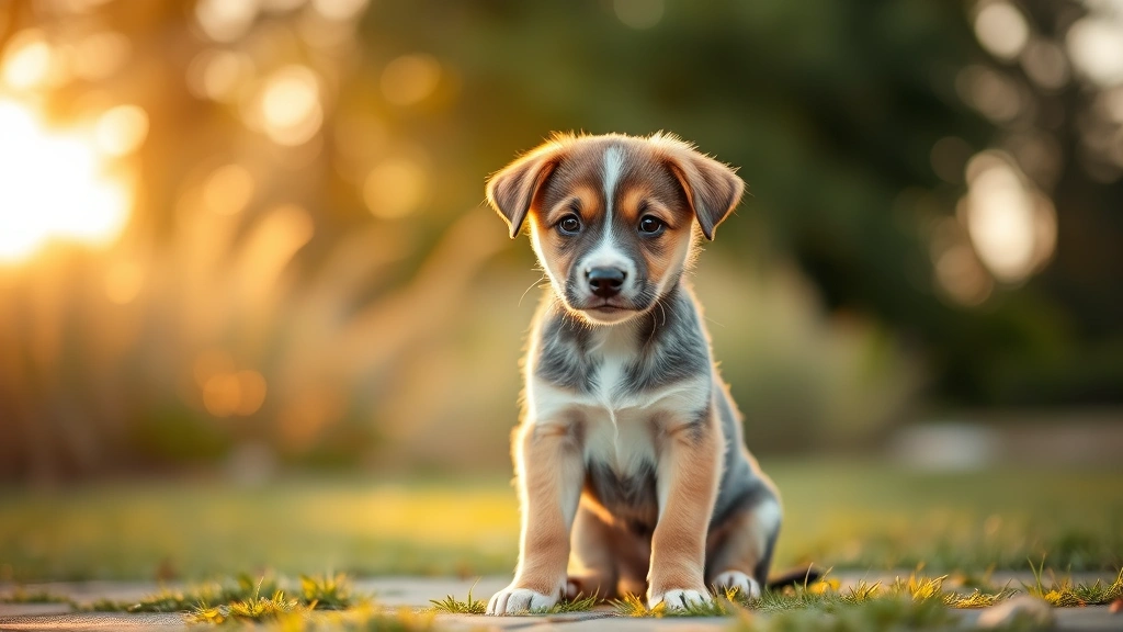 Young male puppy sitting outdoors during daytime, golden hour lighting, alert expression, healthy coat visible, professional veterinary photography style