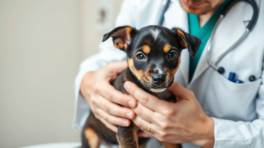 Veterinarian performing gentle physical examination on young male puppy, clinical setting with soft lighting, hands demonstrating proper palpation technique