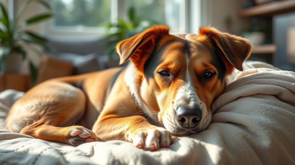 Adult male dog relaxing on comfortable bedding indoors, peaceful expression, well-lit natural environment, focus on overall health and wellbeing