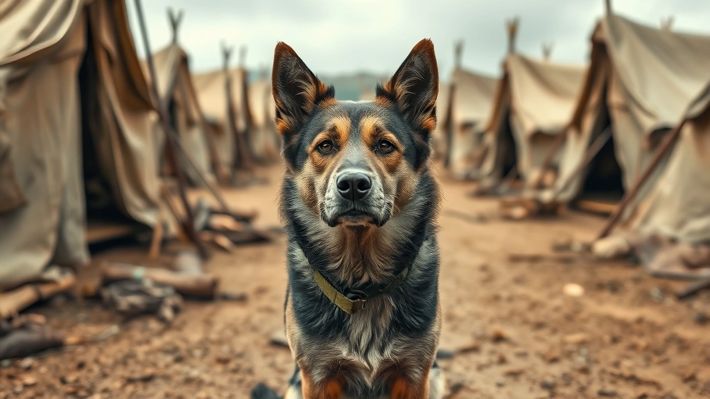 A rugged mixed-breed dog in Civil War era military camp surrounded by canvas tents and wooden structures, alert and focused expression, dusty ground setting