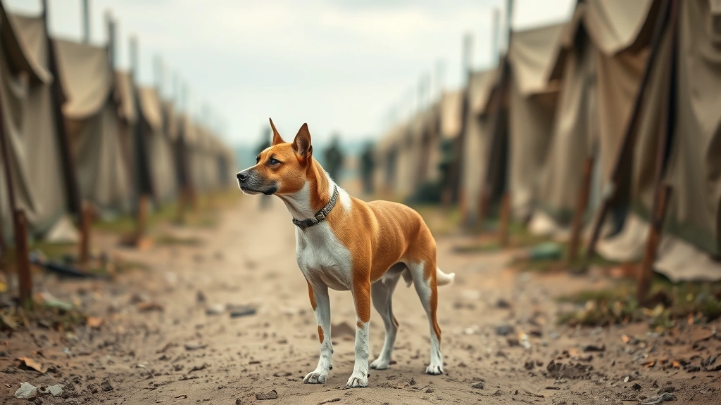 A brown and white dog standing alert on a dirt path surrounded by canvas military tents, looking vigilantly toward the distance with soldiers visible in soft focus background