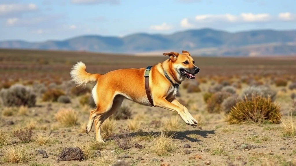 A loyal dog running through an open battlefield landscape with distant hills, carrying a small pouch on its side, determined posture mid-stride