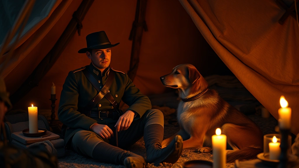 A soldier in Civil War uniform sitting peacefully with a dog beside him in candlelit tent interior, showing emotional connection and companionship during quiet moment