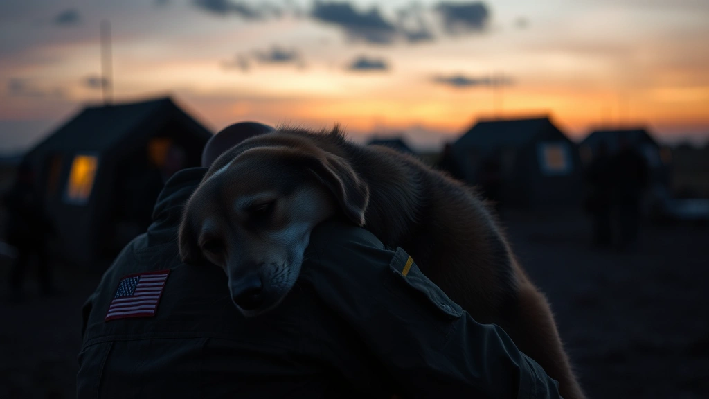 A loyal dog resting its head on the shoulder of a seated soldier in a dimly lit military encampment at dusk, showing deep emotional connection and comfort