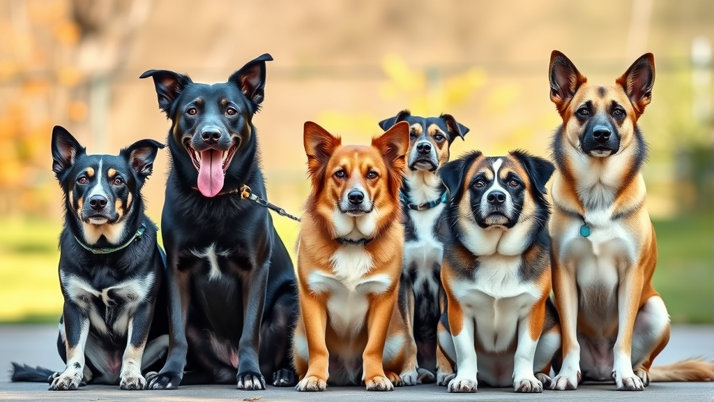 Five different intelligent dog breeds sitting together in a bright outdoor setting showcasing their alert expressions no text no words no letters