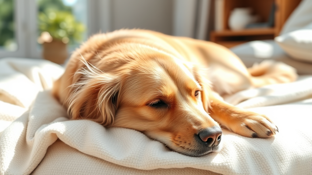 Elderly golden retriever lying peacefully on soft blanket, gentle sunlight, serene home environment, no text no words no letters