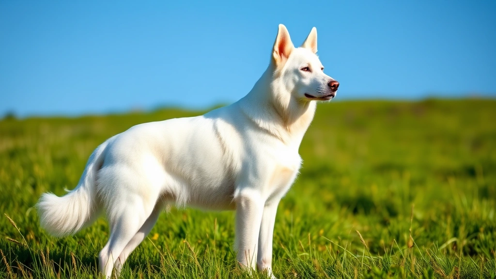 White Swiss Shepherd dog standing alert in a sunny meadow, muscular build, pristine white coat, ears upright, noble expression, green grass background
