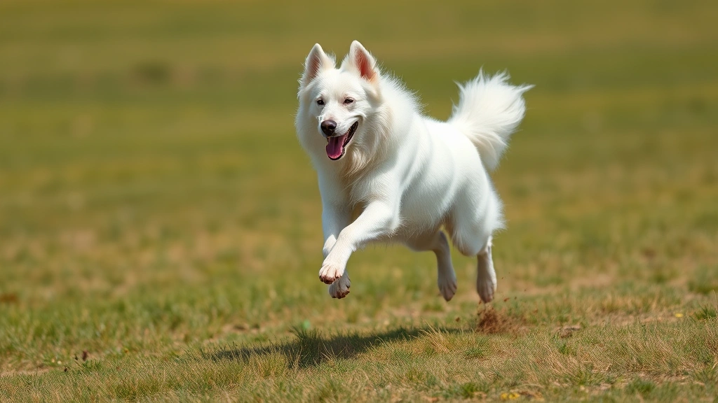 White Swiss Shepherd running at full speed through an open field, athletic motion, powerful stride, white fur flowing, dynamic action pose, natural daylight