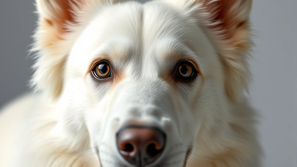 Close-up of a White Swiss Shepherd's face showing intelligent eyes, alert expression, white fluffy coat, pointed ears, professional photography style, studio lighting