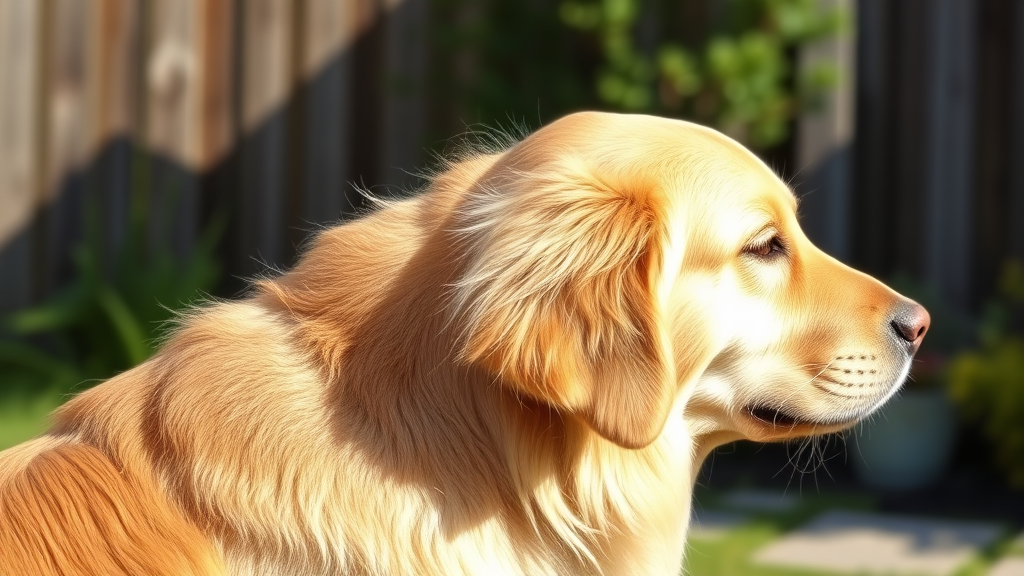 Golden retriever scratching behind ear in sunny backyard setting, showing common allergy behavior, no text no words no letters