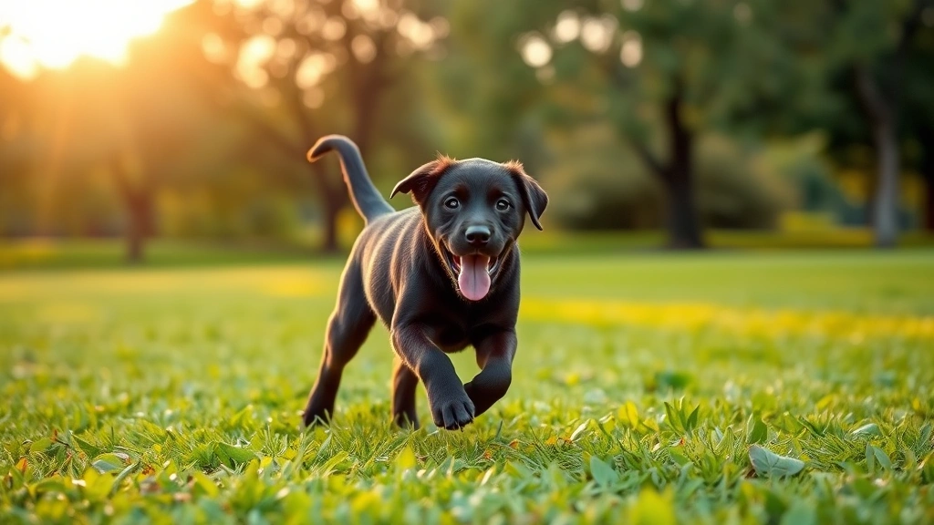 Playful Labrador puppy running outdoors in a grassy park, tail up, tongue out, surrounded by green grass and trees, golden hour lighting