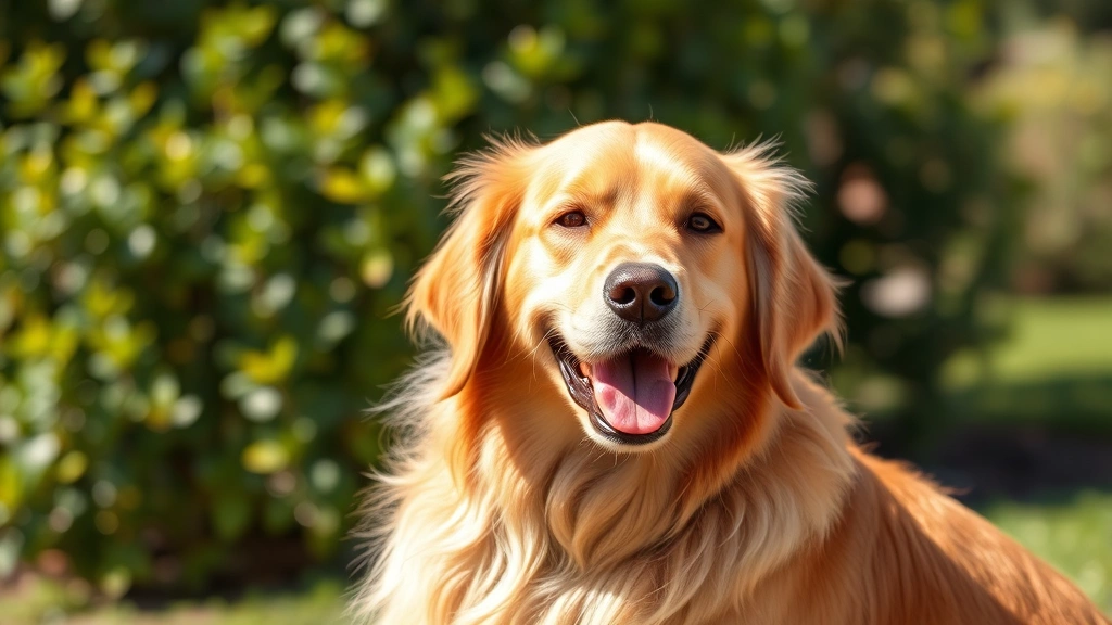 Golden retriever happily sitting outdoors in natural sunlight, healthy glossy coat visible, relaxed expression, no text