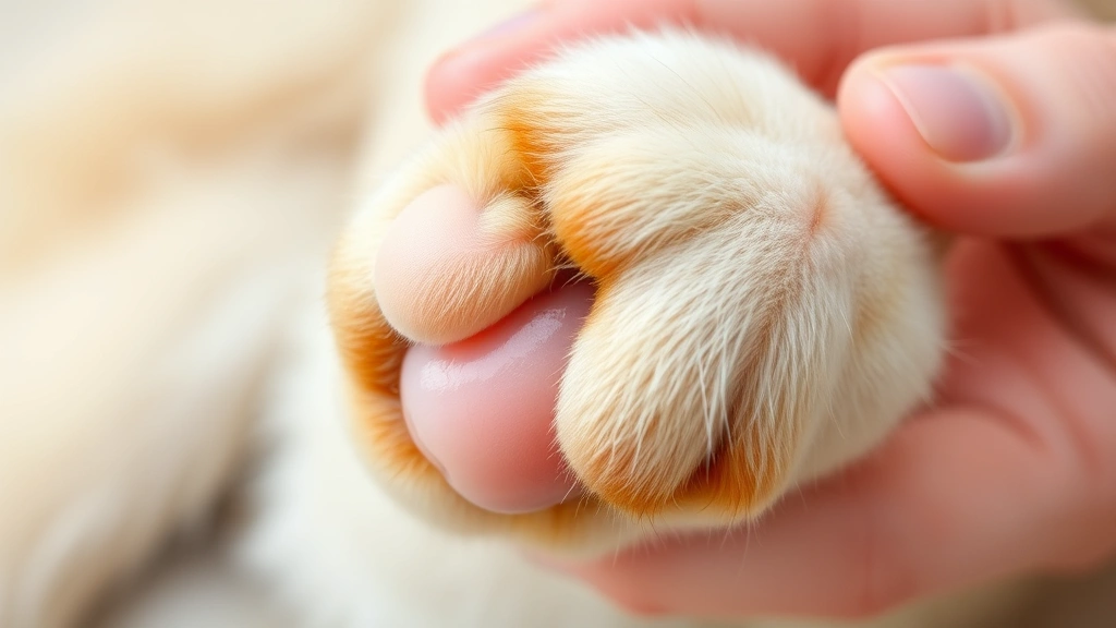 Close-up of dog's paw being gently held, showing healthy pink skin between toes, soft fur texture, natural lighting, no text