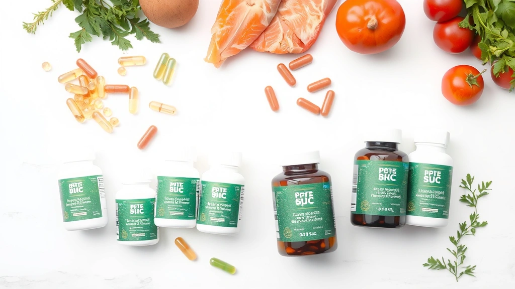 Assorted pet supplement bottles and capsules arranged on white surface with fresh ingredients like fish, vegetables nearby, no text