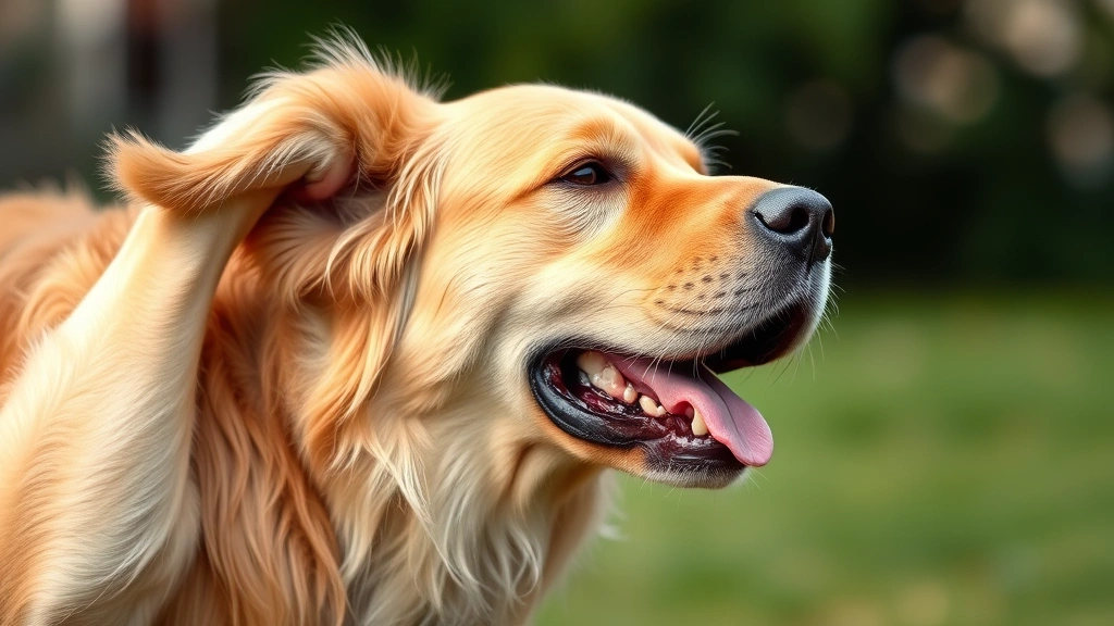 Golden Retriever scratching its ear with hind leg, close-up of face showing discomfort and redness, natural outdoor lighting, photorealistic