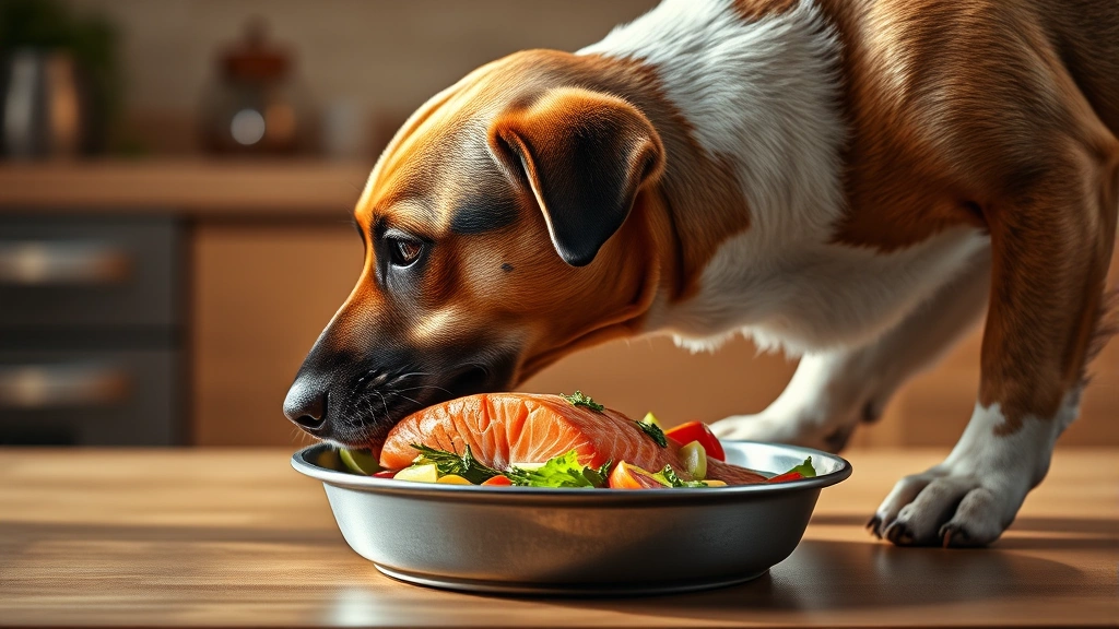 Dog eating from metal bowl filled with fresh salmon and vegetables, side profile view, warm kitchen lighting, photorealistic