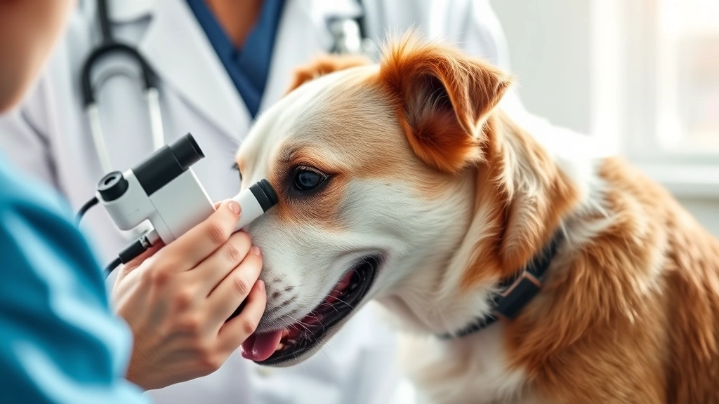 Veterinarian examining white and brown dog's skin with dermatoscope in clinic, professional medical setting with natural lighting
