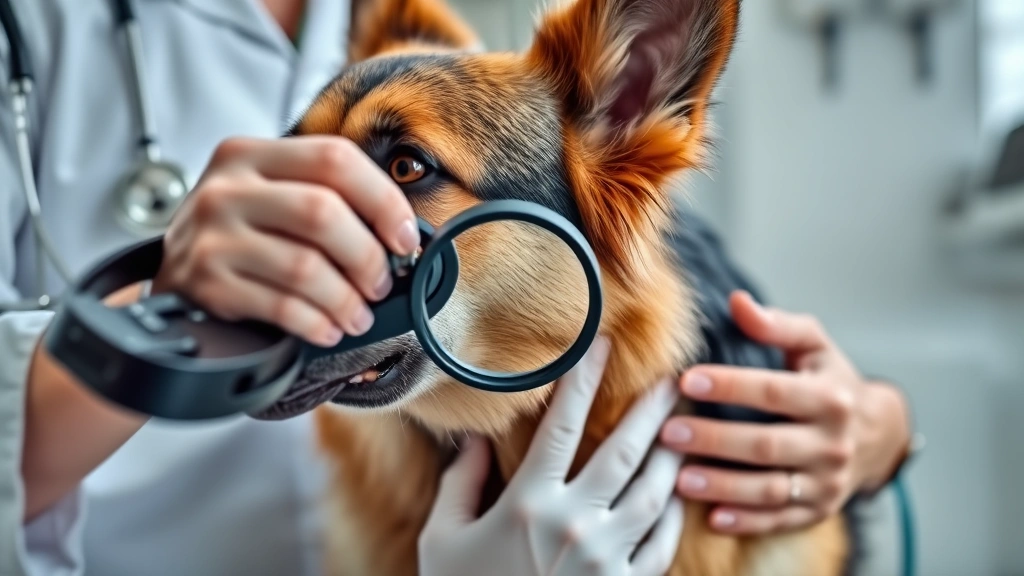 Veterinarian examining German Shepherd's skin with magnifying tool, professional clinic setting, hands visible administering treatment, photorealistic
