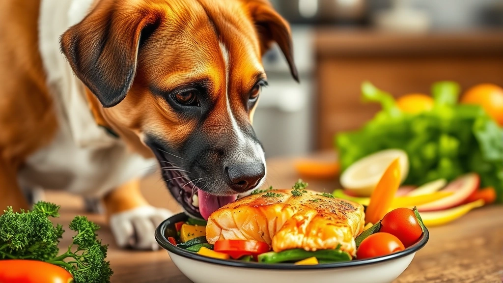 Dog eating from bowl with salmon and vegetables, healthy meal presentation, kitchen background, vibrant fresh ingredients visible