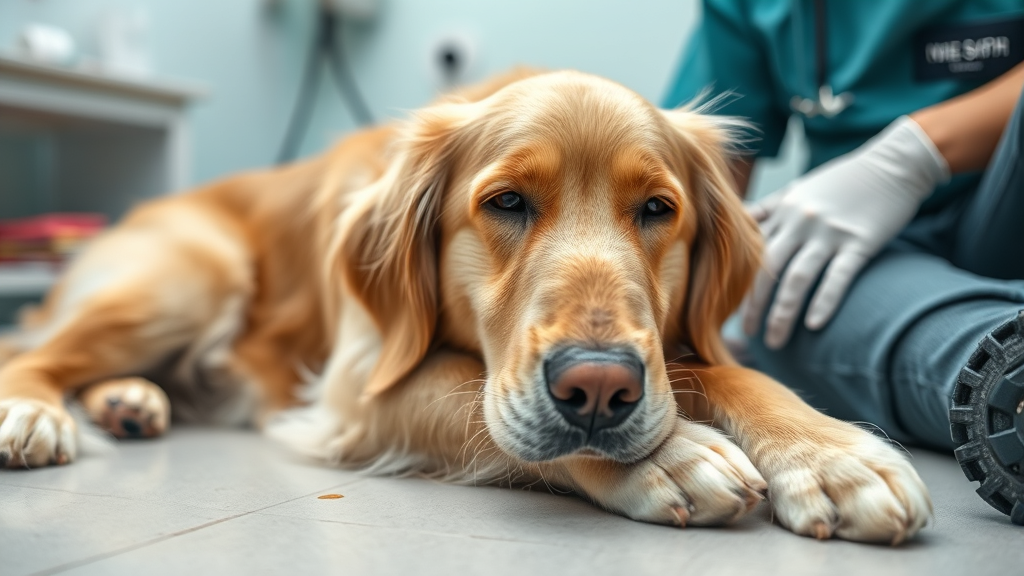 Golden retriever lying down looking unwell with concerned owner nearby, veterinary care setting, no text no words no letters