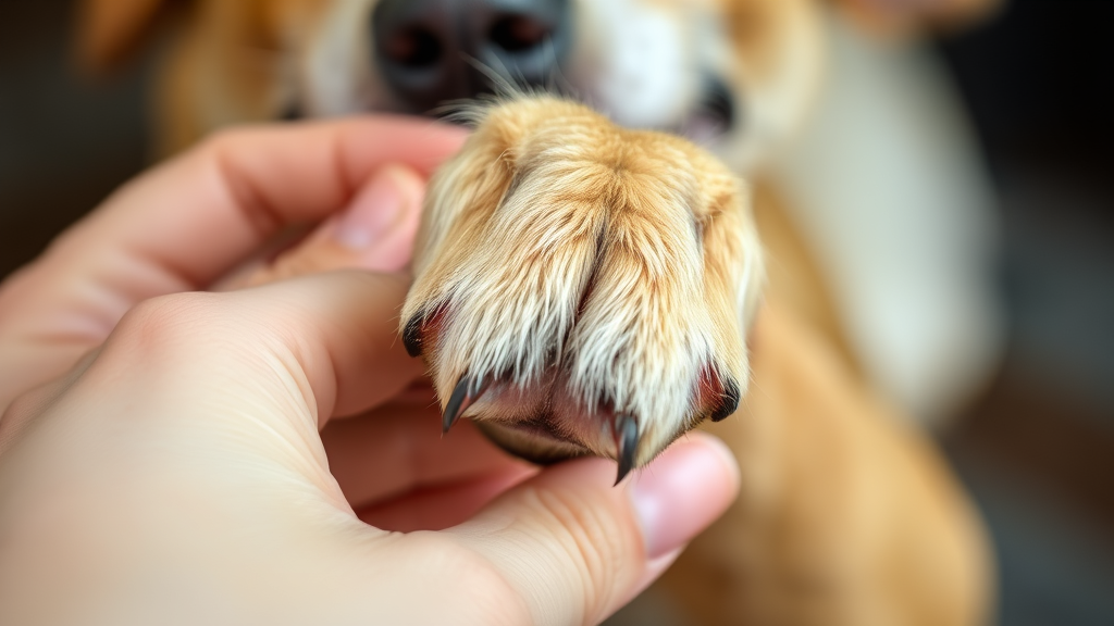 Close up of dog paw being gently examined by hands, no text no words no letters