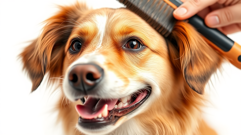 Happy dog being groomed with brush, clean bright setting, no text no words no letters