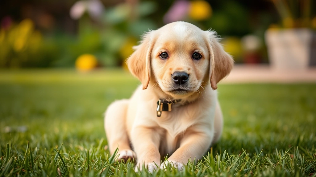 Close-up of a young golden retriever puppy sitting on grass looking at camera, soft natural lighting, blurred garden background