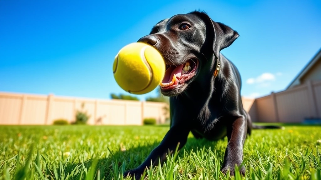 A healthy adult black Labrador Retriever playing fetch with a tennis ball in a sunlit backyard, clear blue sky, vibrant green grass