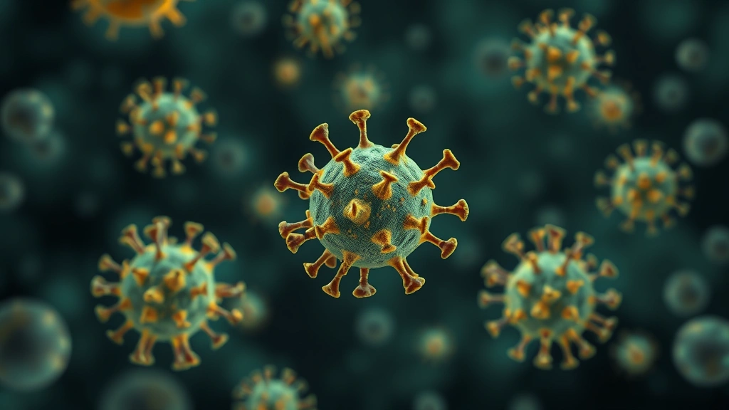 Microscopic illustration style visualization of virus particles, abstract scientific representation with depth of field, no text or labels