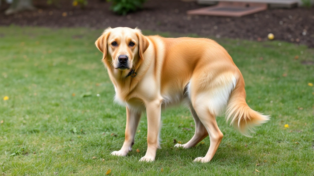 Golden Retriever standing on grass with visible difficulty supporting its hind legs, showing signs of weakness or instability, looking toward camera with concerned expression