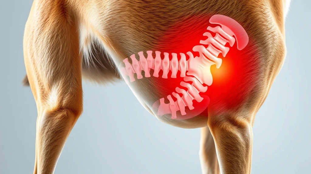 Close-up of a dog's lower spine and hind legs area, showing anatomical focus on the lumbar region where spinal issues occur, professional veterinary perspective