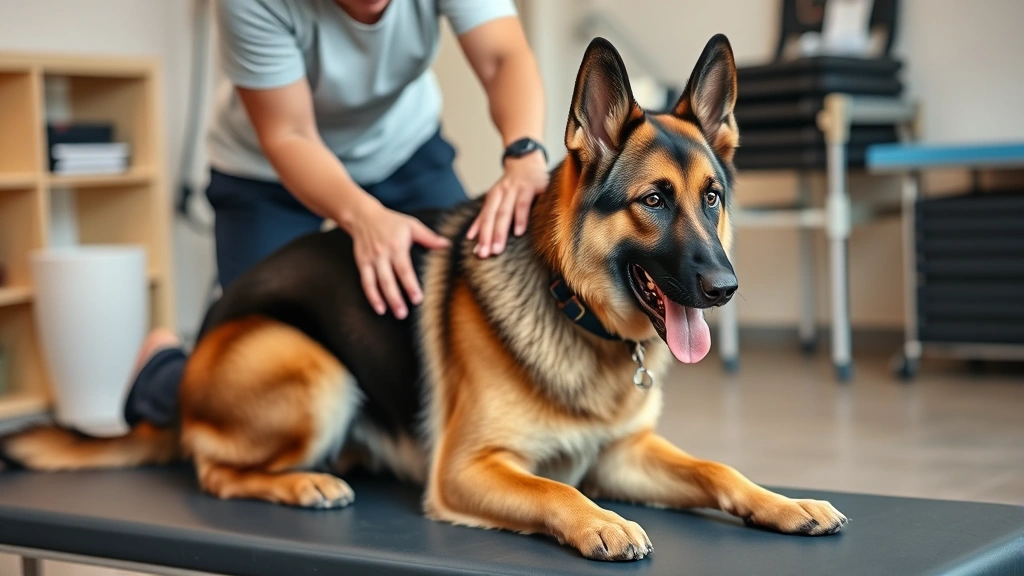 German Shepherd in a rehabilitation therapy session with physical therapist assisting movement, demonstrating therapeutic exercise and mobility support techniques