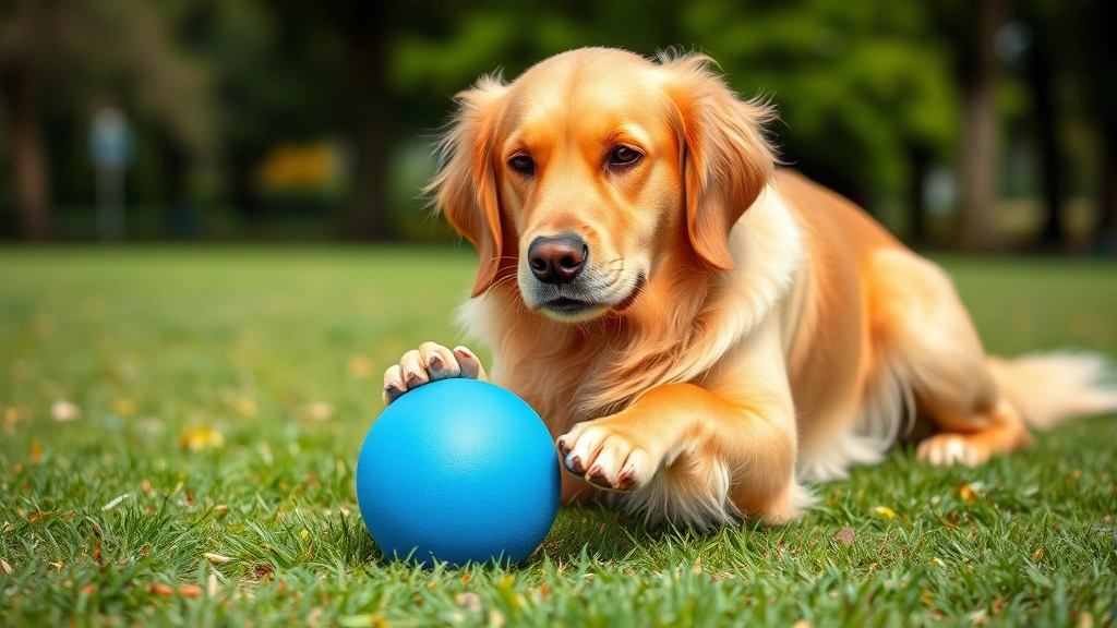 Golden retriever playing with a bright blue ball in a grassy park, dog's eyes focused on the toy, natural daylight, shallow depth of field