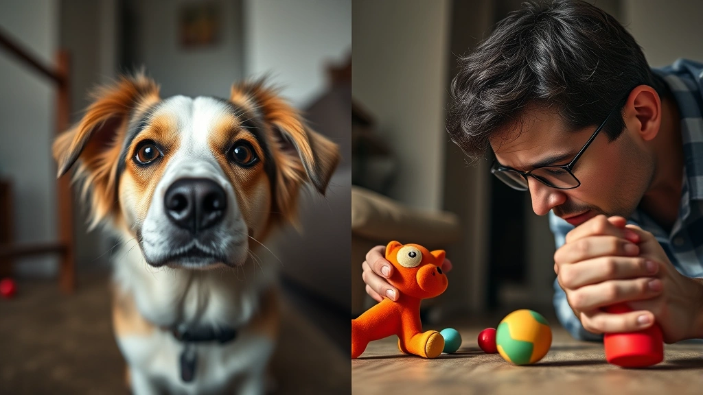 Split-screen comparison showing a dog's perspective on the left side seeing muted colors, human perspective on the right seeing vibrant colors, both looking at toys