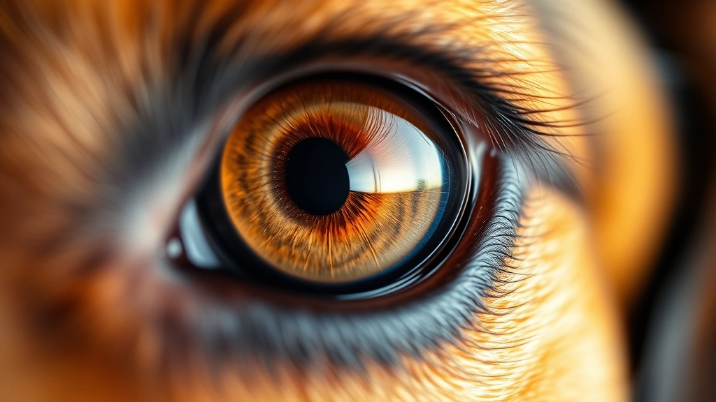 Close-up of a dog's eye with visible pupil and iris, showing the structure of the retina, professional veterinary photography style, bright and clear