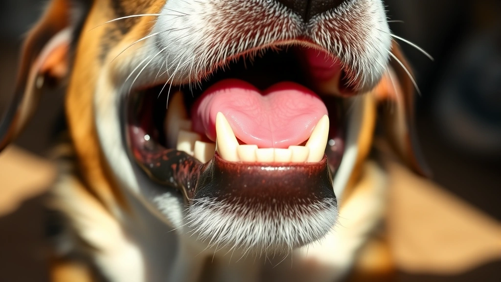 Close-up of a healthy dog's mouth showing bright pink gums and white teeth, with a dog's face partially visible in soft natural lighting