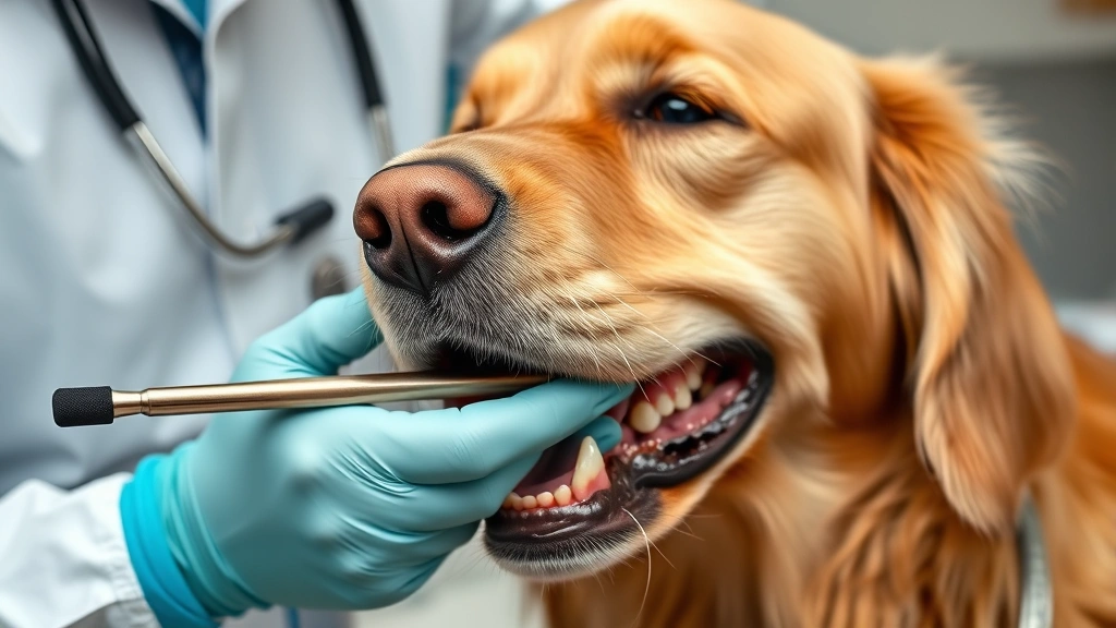 Veterinarian gently examining a golden retriever's gums during a dental checkup, demonstrating proper gum examination technique
