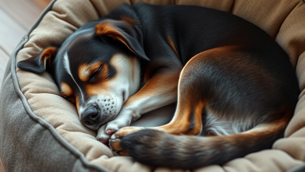 Dog sleeping curled up in a tight ball position on a comfortable dog bed, looking peaceful and secure