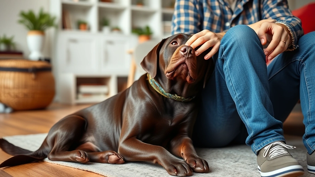 Chocolate Labrador leaning affectionately against owner's leg while sitting on living room floor, showing bonding behavior