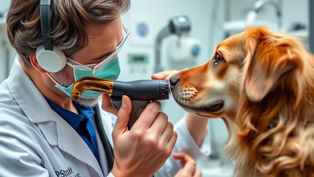 Veterinarian examining dog ears with otoscope in clinical setting, professional medical environment, detailed diagnostic tools