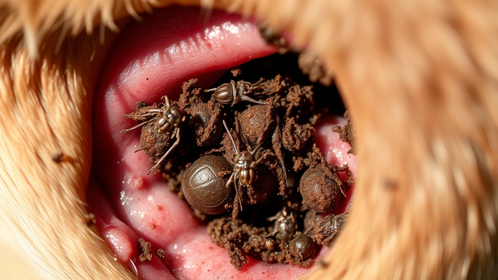 Close-up of a dog's ear canal showing dark brown crusty debris characteristic of ear mite infestation, inflamed ear tissue, natural lighting